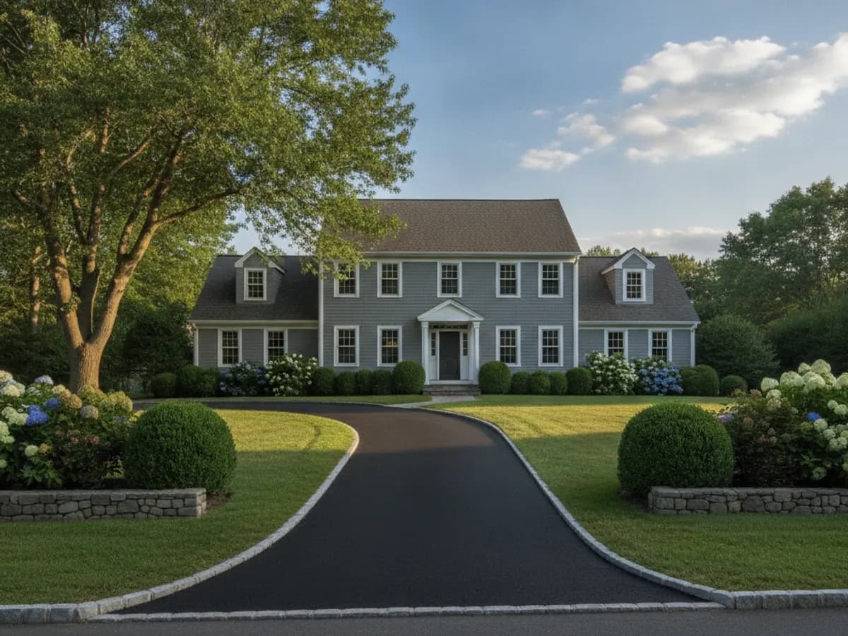 Freshly paved black asphalt driveway in front of a residential home in Norwood, MA